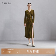 納薇（naivee）商場(chǎng)同款早春夏法式高級氣質(zhì)V領(lǐng)收腰絲絨連衣裙禮服女 駝色 S