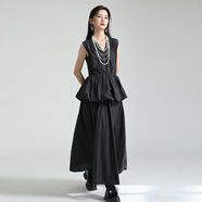 日系設計師款氣質(zhì)V領(lǐng)荷葉邊花苞襯衫連衣裙無(wú)袖背心云朵蓬蓬裙 黑色（不含項鏈 均碼