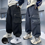 THINKPIRE男童褲子加絨秋冬款童裝休閑褲兒童工裝褲中大童男孩長(cháng)褲炸街潮流 黑色 150 碼建議身高145CM