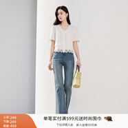 香影法式刺繡鏤空襯衫女2025夏新款白色v領(lǐng)時(shí)尚花邊短袖上衣襯衣 套裝 襯衫+牛仔褲套裝 M 160/84A/95-110斤