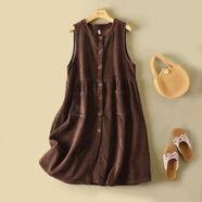 夏典素訂女王（SE.PSTP）復古拼接燈芯絨高腰連衣裙秋冬寬松圓領(lǐng)開(kāi)衫長(cháng)款顯瘦純色背心裙子 咖啡色 M 建議110斤以下