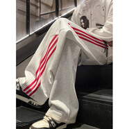 蕭蕭布落美式條紋休閑褲子男春秋季寬松潮流高街垂感直筒闊腿運動(dòng)衛長(cháng)褲子 灰紅色 XL