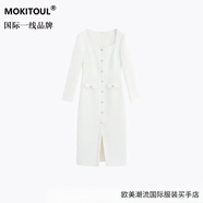 MOKITOUL國際一線(xiàn)品牌法式鉆扣白色小香風(fēng)連衣裙女秋冬方領(lǐng)收腰顯瘦輕禮裙 珍珠白 XS