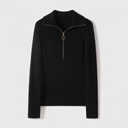 白領(lǐng)哥弟新品牌女裝2024春新款修身拉鏈翻領(lǐng)羊毛針織衫抗條毛衣女 黑色 XL 5碼-