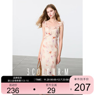 三彩2025春季新款暈染印花連衣裙飛飛袖方領(lǐng)收腰A字裙長(cháng)裙M