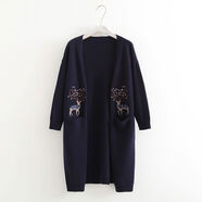 夢(mèng)箱子2023秋新款貓先生刺繡百搭寬松中長(cháng)開(kāi)衫女日系森女毛衣外套 梅花鹿刺繡藏青 均碼 均碼