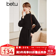 betu百圖女裝網(wǎng)紗拼接小高領(lǐng)木耳邊燈籠袖針織連衣裙女2110T69 黑色 L