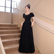 詩(shī)迦努大碼高端晚禮服女2025新款胖mm顯瘦感絲絨小眾藝考主持人長(cháng)款 黑色_長(cháng)款 170 M__(胸圍85，腰圍68)_(100斤—110斤)