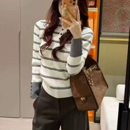 NYIG韓貨女撞色條紋毛衣半高領(lǐng)打底針織衫修身內搭上衣毛衣 米色 S 【95斤以下】