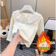 她及其他Spring韓國童裝秋季新款兒童蕾絲花邊豎條紋純色上衣女童彈力長(cháng)袖 米色一體絨 70 80議身高70cm75cm