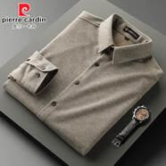 皮爾卡丹（pierre cardin）感厚款毛呢針織襯衫男長(cháng)袖秋冬休閑修身男士襯衣 卡其色  常規 M (建議100-115斤)
