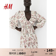 H&M女裝連衣裙秋季V領(lǐng)燈籠袖A字褶紋高腰花卉連衣裙短裙1224087 灰粉色/花卉 170/116