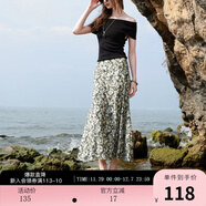 三彩2025夏季新款碎花半身裙斜裁A字裙松緊腰魚(yú)尾裙浪漫長(cháng)裙M 霧霾藍花卉 M 160/68A