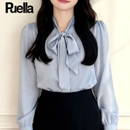 Puella新款現貨藍色飄帶襯衫女春秋氣質(zhì)百搭蝴蝶結甜美雪紡襯衣女 一見(jiàn)傾心-素凈淺藍【優(yōu)質(zhì)雪紡】 S