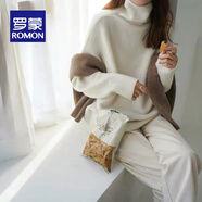 羅蒙（ROMON）新款重磅歐美高領(lǐng)羊毛衫女加厚毛衣寬松套頭慵懶風(fēng)針織打底 白色 3XL