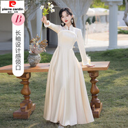 皮爾卡丹中式伴娘服2025新款秋冬季長(cháng)袖姐妹團緞面加絨小眾禮服裙長(cháng)款 B款長(cháng)/袖設計感領(lǐng)口 L