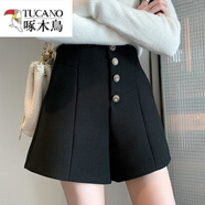 啄木鳥(niǎo)西裝高腰短褲女秋冬新款韓版加厚顯瘦a字闊腿褲冬天外穿顯腿靴褲 黑色 M 建議【100-110斤】