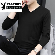 花花公子（PLAYBOY）莫代爾長(cháng)袖t恤男V領(lǐng)純色內搭雙面絨秋冬打底衫加絨加厚保暖秋衣服 907[莫代爾]黑色 M