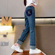 女童加絨牛仔鉛筆褲秋冬新款女孩洋氣煙管褲中大童加厚一體絨褲子 藍色常規款 110 110cm