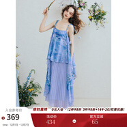 兩三事幻海波光 2025夏季新款復古印花拼接百褶裙擺吊帶裙連衣裙 藍紫色-y S