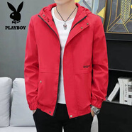 花花公子（PLAYBOY）男士外套秋冬款季冬季加絨加厚保暖連帽夾克棉衣襖新款40到50歲 【春秋連帽】GB919-紅色 薄款 M 建議80-100斤