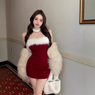 2025毛毛抹胸連衣裙女秋冬純欲性感包臀絕美裙一字肩圣誕新年戰袍 紅色 XL