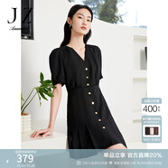 玖姿·安娜蔻洋氣小香風(fēng)V領(lǐng)收腰百褶紫色中長(cháng)款連衣裙夏款 素黑 M