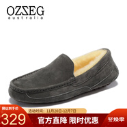 OZZEG澳洲豆豆鞋男士冬季休閑棉鞋保暖加絨羊皮毛一體磨砂駕車(chē)真皮鞋 灰色 39