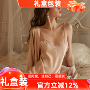 貓惑純欲風(fēng)帶胸墊冰絲睡衣女士吊帶仿真絲性感情趣睡裙裙子家居服套裝 香檳色【無(wú)胸墊】【睡裙+睡袍】 M 【適合80-95斤】