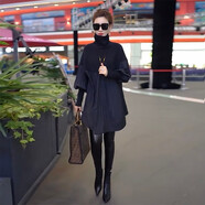 漢卿中夏裙子遮肚子減齡寬松顯瘦拼接炸街女裝秋冬高領(lǐng)歐美大碼連衣裙胖mm 黑色 3XL 建議155-170斤穿