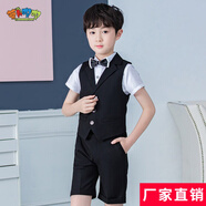 蘿卜唄唄 兒童西裝男禮服男花童禮服西裝套裝男童禮服夏男童禮服套裝夏演出服幼兒園西服休閑西裝主持表演服 黑色四件套（馬甲+襯衫+褲子+領(lǐng)結(jié)） 140cm建議體重50-58斤