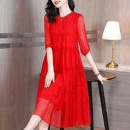 韓版寬松裙雪紡連衣裙女2024新款夏季媽媽裝飄逸仙氣大擺裙子 紅色 M M建議90-110斤