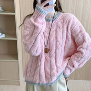 俞兆林（YUZHAOLIN）加厚撞色圓領(lǐng)毛衣女2025秋冬款慵懶風(fēng)寬松時(shí)尚針織衫百搭套頭上衣 粉色 2XL