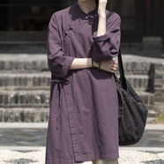 春秋棉麻中長(cháng)款長(cháng)衫外套女裝亞麻砂洗盤(pán)扣偏襟復古中式袍子禪茶服 禪紫 均碼  8259