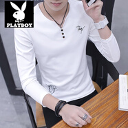 花花公子 V領(lǐng)長(cháng)袖t恤男春秋季潮牌打底衫韓版修身內搭春裝上衣休閑男裝衛 白色 L