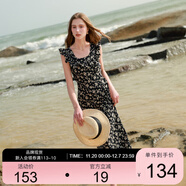 三彩2025夏季新款U領(lǐng)浪漫碎花雪紡裙印花大擺連衣裙長(cháng)裙M