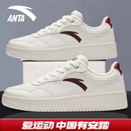 安踏男鞋活力板鞋冬季低幫薄底皮面防潑水小白鞋男休閑鞋學(xué)生運動(dòng)鞋子 【薄底】白/絳紅色8067-4 44.5