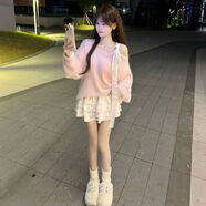 Ady Glenna針織衫女溫柔風(fēng)高腰修身蓬蓬蛋糕短裙套裝甜美系帶蝴蝶結毛衣女 粉色毛衣+白色短裙 L