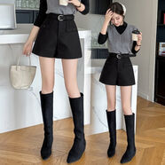 休閑短褲女2025秋冬新款高腰西裝毛呢短褲口袋呢子A字闊腿褲 黑色 S