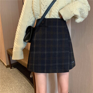 NYIG大碼女裝毛呢格子半身裙短裙秋冬胖mm高腰學(xué)生日系A字包臀裙褲裙 藍黑色 M