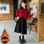 中大童半身裙新款女童國風(fēng)年服2024秋冬中式針織打底衫加厚裙 黑色加絨 140