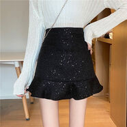 毛呢黑色短裙荷葉邊包臀魚(yú)尾裙高腰2025新款A字裙女秋冬季半身裙 黑色 M