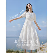 茵曼（INMAN）亞麻提花連衣裙2025夏季女裝新品休閑松緊收腰氣質(zhì)高級感長裙子 白色 L