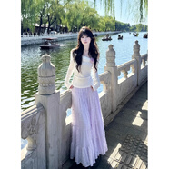 園翌巨好看的早秋一整套獨特絕美漂亮溫柔系一字肩針織紫色半身裙套裝 單白色上衣 S