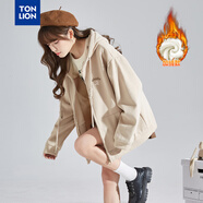 唐獅（TonLion）2025針織外套女休閑衛衣開(kāi)衫連帽上衣 加絨款/淺卡其 M