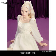 糖力在逃公主 秋新款長(cháng)袖蝴蝶結綁帶輕薄歐根紗花苞連衣裙女 杏色 S