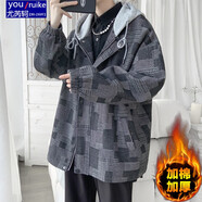 尤芮軻胖子大碼240斤撞色格子夾克男秋冬加大碼痞帥牛仔衣寬松連帽外套 黑色加棉升級款 5XL 210-240斤