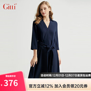 吉蒂（GITTI）雪紡連衣裙春秋新款高端氣質(zhì)優(yōu)雅V領(lǐng)修身束腰七分袖中長(cháng)裙子 深寶藍色/258 XL 4(136-150斤)