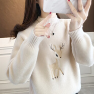 香影芬2025刺繡毛衣女大童初中高中半高領(lǐng)學(xué)院風(fēng)百搭卡通甜美針織少女裝 杏色 【小鹿】 2XL (建議125-135斤)