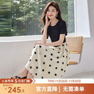 熙世界（sllsky）假兩件波點(diǎn)連衣裙2025秋季新款流行氣質(zhì)短袖圓領(lǐng)拼接裙子女裝 杏底黑色波點(diǎn) XL
